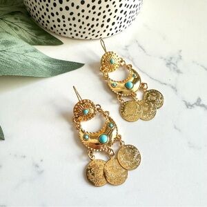 2/$30🌵 Turquoise Stone Gold Coin Chandelier Earrings Arabic Babylon Boho NEW